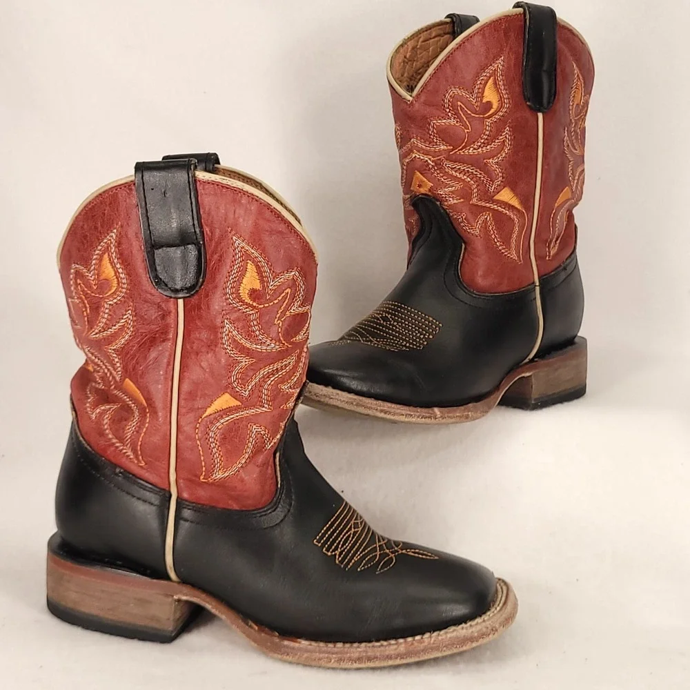 Tanner Mark Garrett Cowboy Boot Kids Youth 12 Red Black Square Toe TMK205030